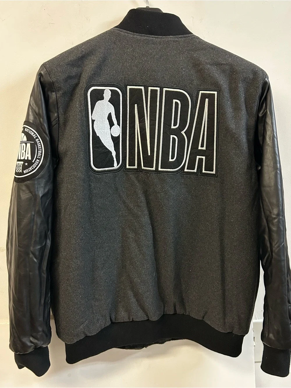 NBA Charcoal Gray Wool Body with Black Leather Sleeve Varsity Jacket